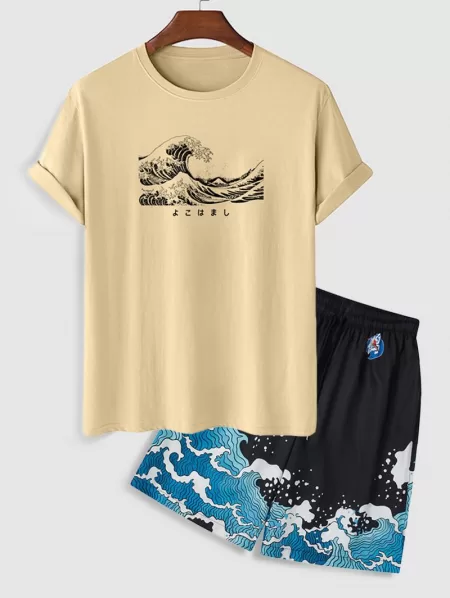 Sea Waves Printed Tee And Drawstring Shorts Set