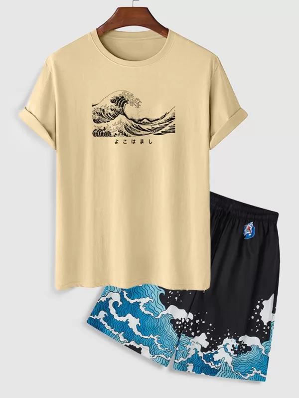 Sea Waves Printed Tee And Drawstring Shorts Set