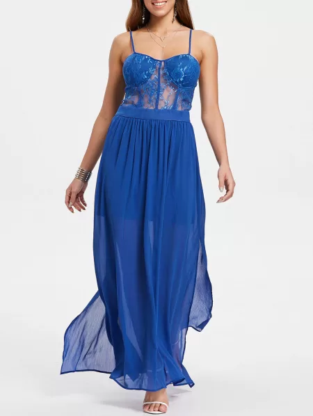 See Through Lace Insert Maxi Flowing Dress