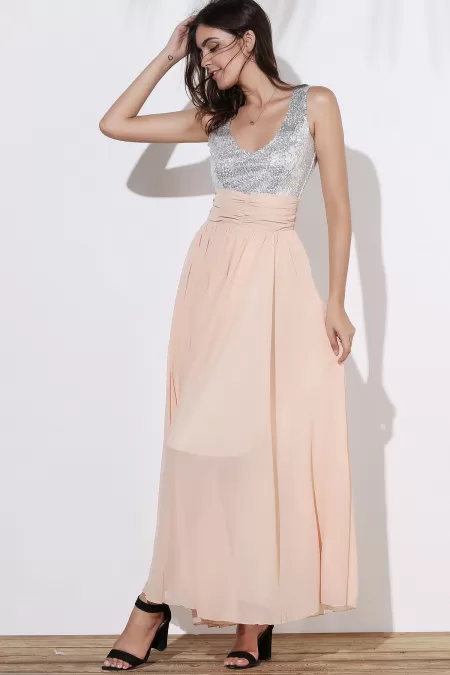 Sequin Empire Waist Chiffon Long Prom Evening Dress