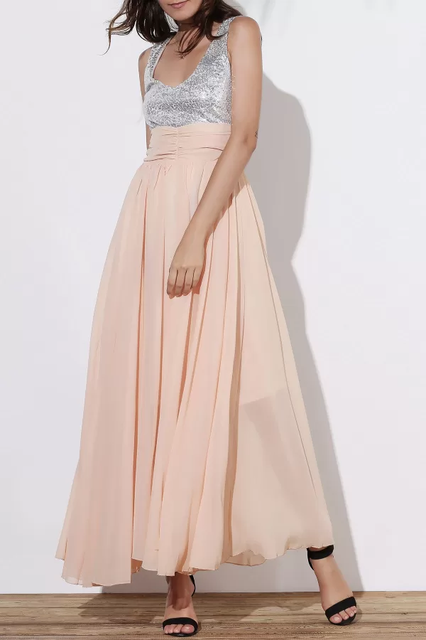 Sequin Empire Waist Chiffon Long Prom Evening Dress
