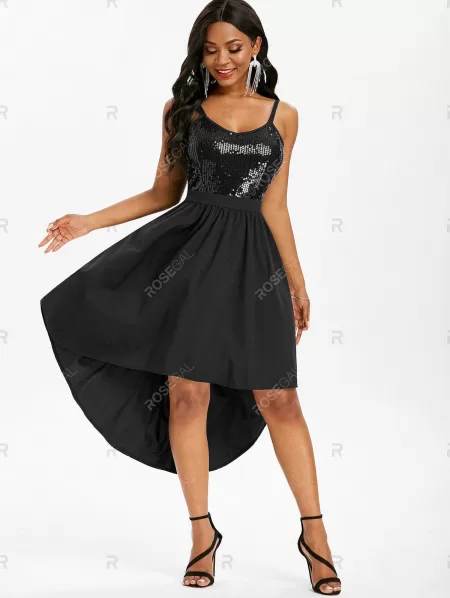 Sequined Open Back Dip Hem Party Dress