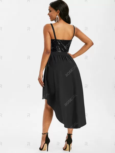 Sequined Open Back Dip Hem Party Dress