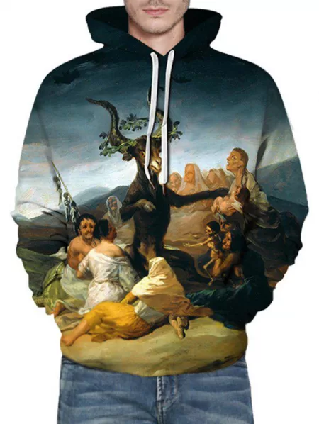 Sheep Oil Paint Pattern Front Pocket Casual Hoodie