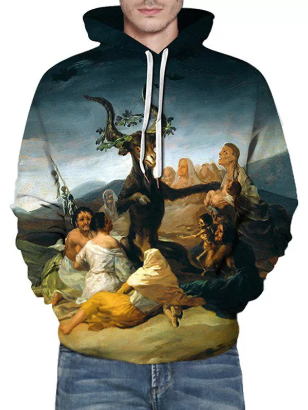 Sheep Oil Paint Pattern Front Pocket Casual Hoodie