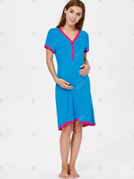 Short Sleeve Color Block Sleep Dress