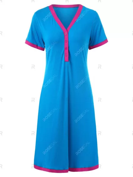 Short Sleeve Color Block Sleep Dress