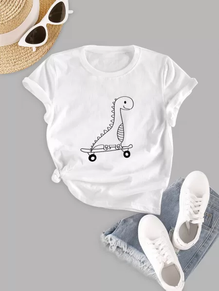 Skateboard Dinosaur Print Short Sleeve T Shirt