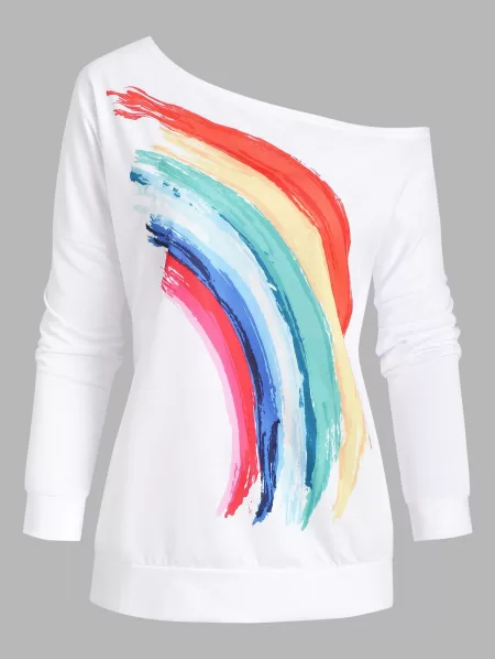 Skew Collar Rainbow Print Sweatshirt
