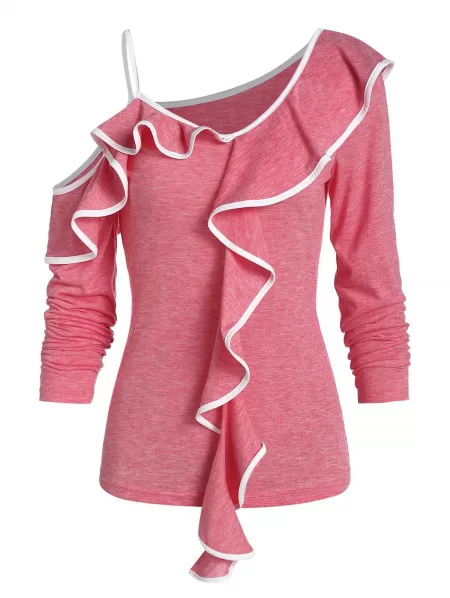 Skew Collar Two Tone Flounce T Shirt