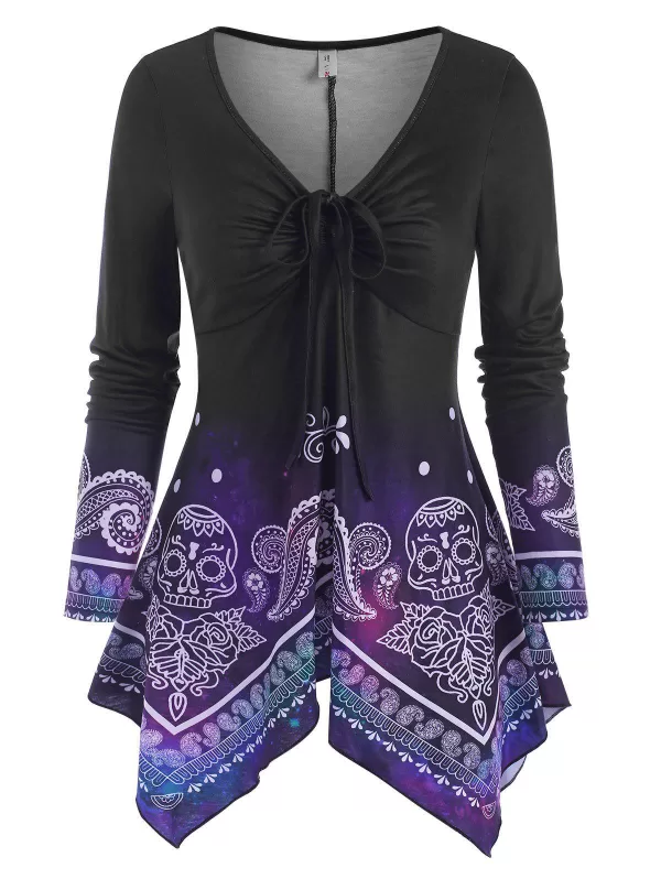 Skull Paisley Print Cinched Handkerchief T Shirt