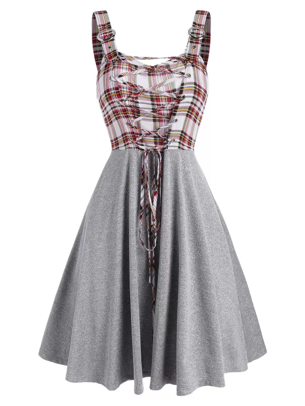 Sleeveless Plaid Print Lace-up Front Dress
