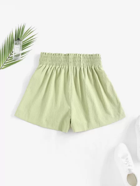 Smocked Waist Paperbag Solid Shorts