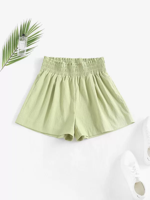 Smocked Waist Paperbag Solid Shorts