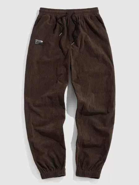 Solid Color Patched Corduroy Sweatpants