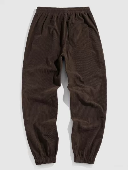 Solid Color Patched Corduroy Sweatpants