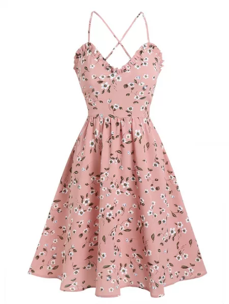 Spaghetti Strap Floral Print Ruffle Dress