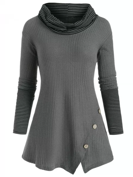 Striped Cowl Neck Mock Button Tunic Knitwear