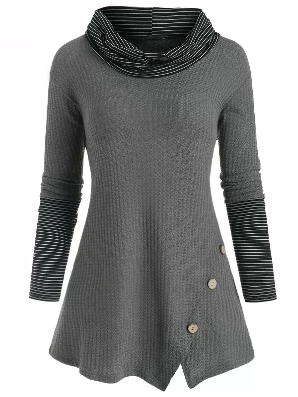 Striped Cowl Neck Mock Button Tunic Knitwear