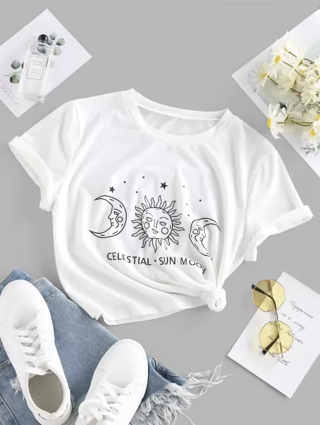 Sun Moon Star Print Letter T Shirt