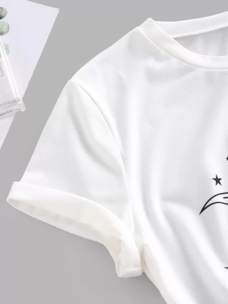 Sun Moon Star Print Letter T Shirt