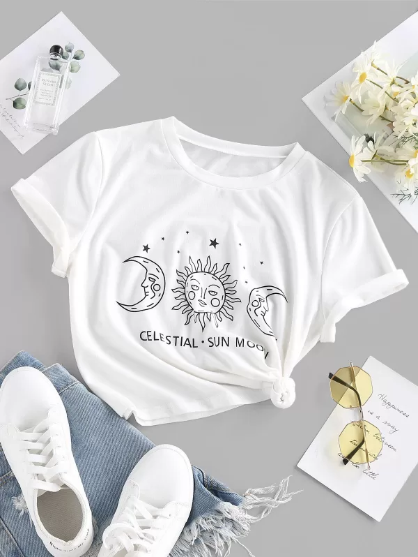 Sun Moon Star Print Letter T Shirt