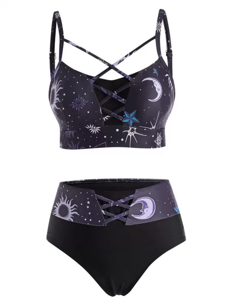 Sun Star Moon Print Crisscross Tankini Swimwear