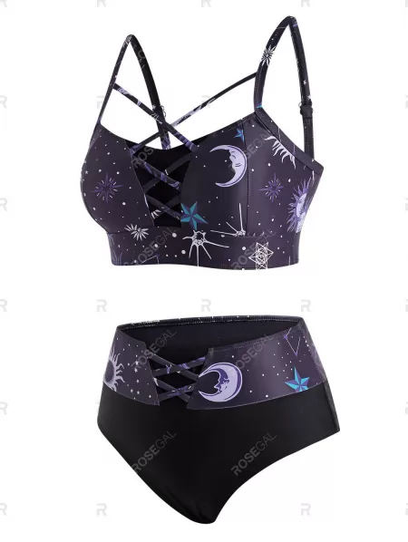 Sun Star Moon Print Crisscross Tankini Swimwear