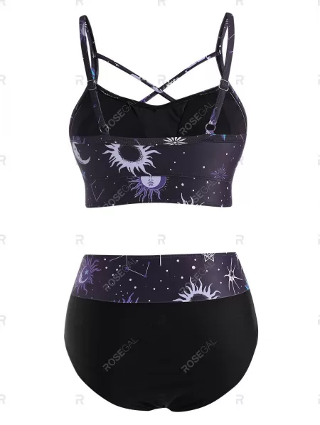 Sun Star Moon Print Crisscross Tankini Swimwear