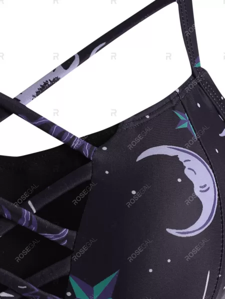 Sun Star Moon Print Crisscross Tankini Swimwear