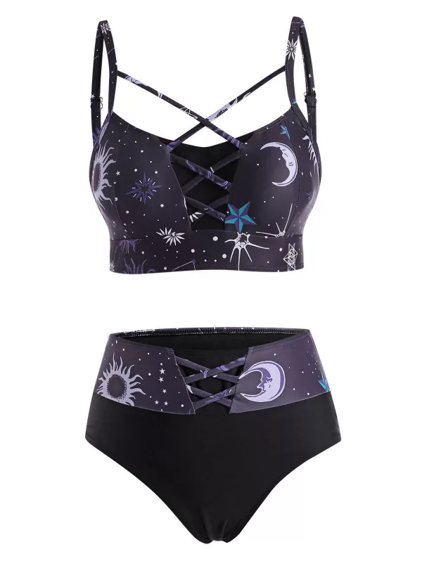 Sun Star Moon Print Crisscross Tankini Swimwear