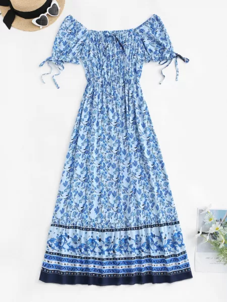 Tie Sleeve Bohemian Floral Off Shoulder Dress