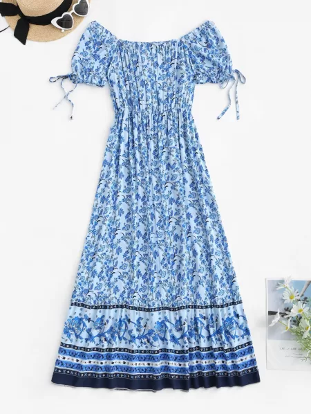 Tie Sleeve Bohemian Floral Off Shoulder Dress