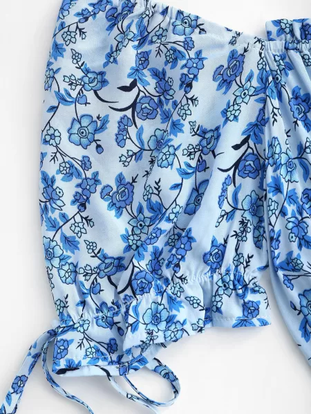 Tie Sleeve Bohemian Floral Off Shoulder Dress