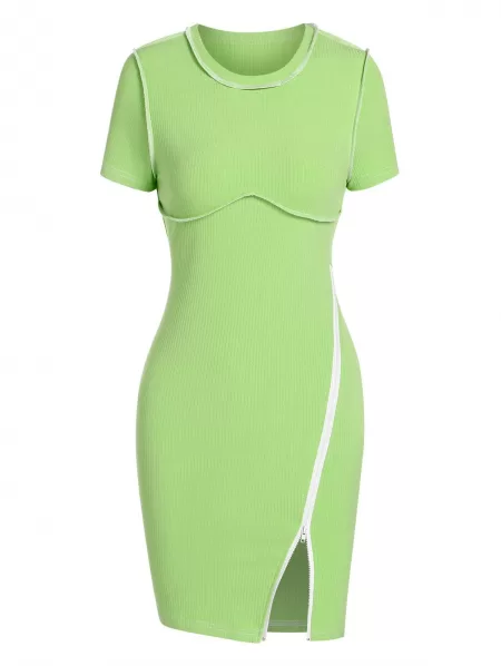 Topstitching Ribbed Underbust Detail Zipper Slinky Dress