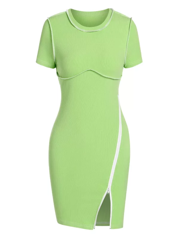 Topstitching Ribbed Underbust Detail Zipper Slinky Dress