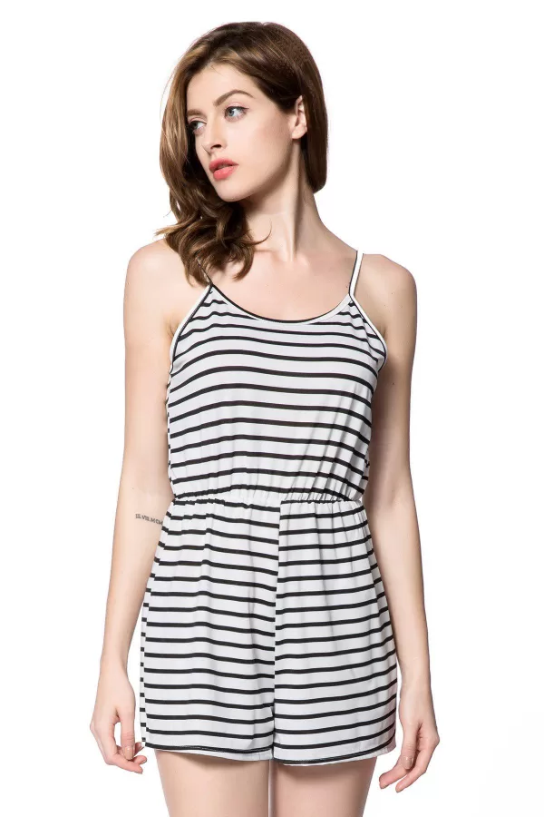 Trendy Spaghetti Strap Backless Striped Women's Romper