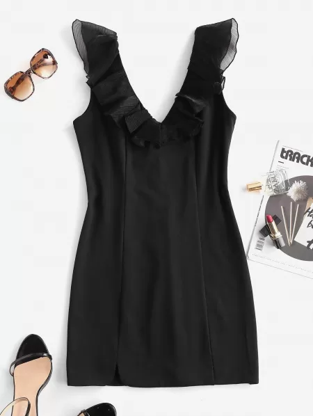 Tulle Panel Ruffles Slit Bodycon Dress