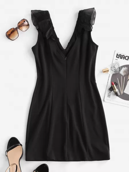 Tulle Panel Ruffles Slit Bodycon Dress