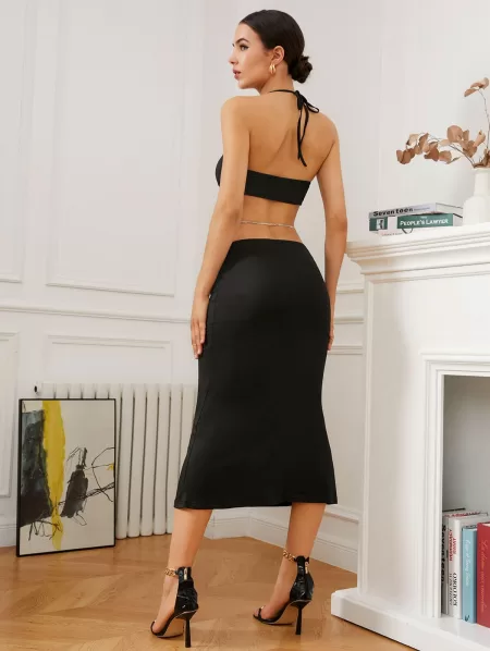 Twisted Chain Embellished Cut Out Midi Slinky Dress