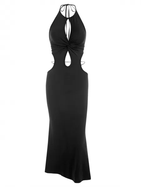 Twisted Chain Embellished Cut Out Midi Slinky Dress
