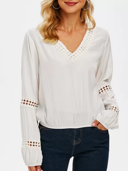 V Neck Crochet Trim Elastic Hem Blouse