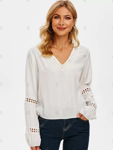 V Neck Crochet Trim Elastic Hem Blouse