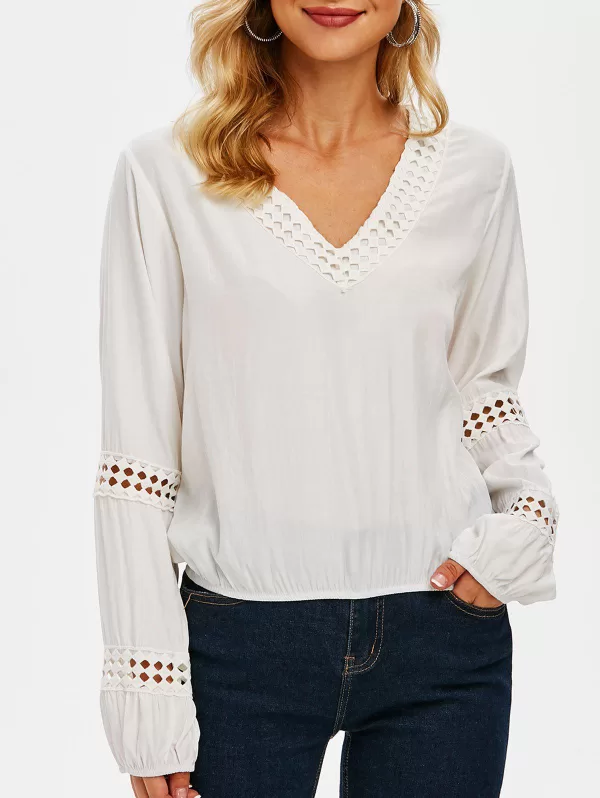 V Neck Crochet Trim Elastic Hem Blouse