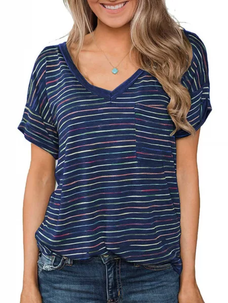 V Neck Striped Front Pocket Longline Tee