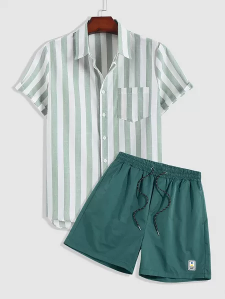 Vertical Stripe Shirt And Label Design Casual Shorts Two Piece Set