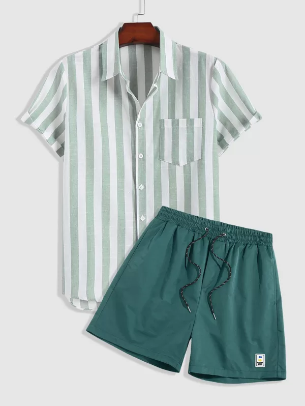 Vertical Stripe Shirt And Label Design Casual Shorts Two Piece Set
