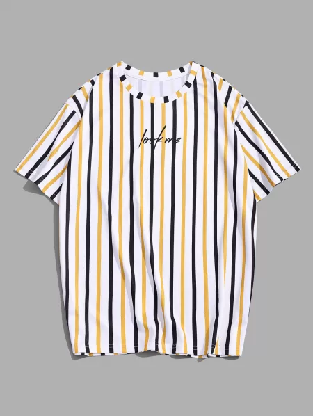 Vertical Striped Letter Printed Short Sleeves T-shirt