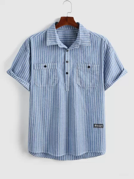 Vertical Stripes Half Button Double-pockets Cargo Shirt