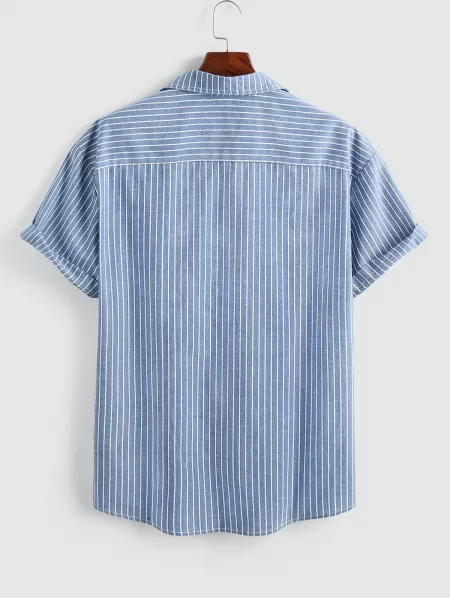 Vertical Stripes Half Button Double-pockets Cargo Shirt